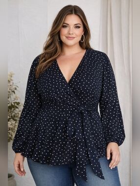 LOFT Navy Polka Dot Wrap Blouse Tie Waist Peplum Top